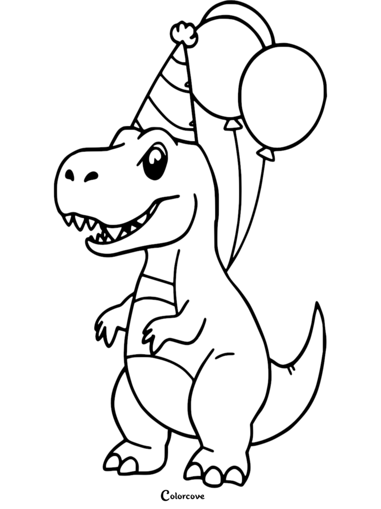 A cute T-rex wearing a striped party hat and holding two round balloons in this printable coloring page.