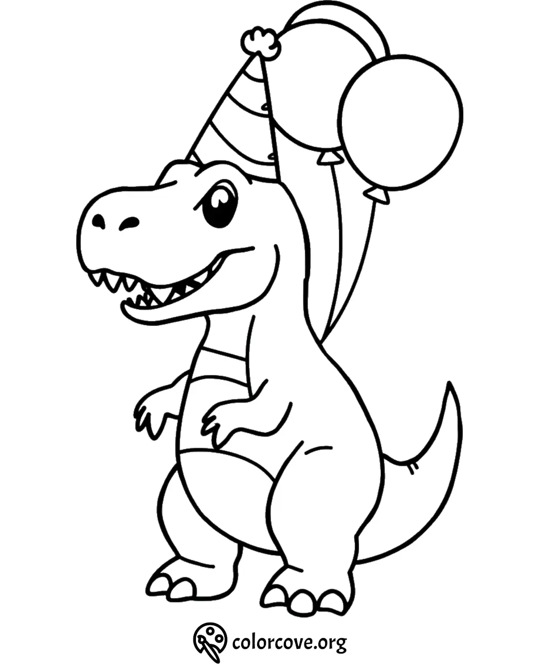 Cute dinosaur with party hat and balloons coloring page for kids.