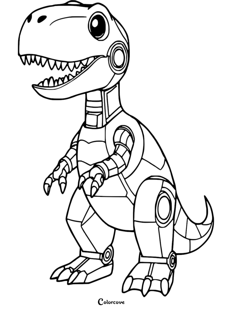 A friendly mechanical T-Rex with visible joints and robotic plating in a line art coloring page style.