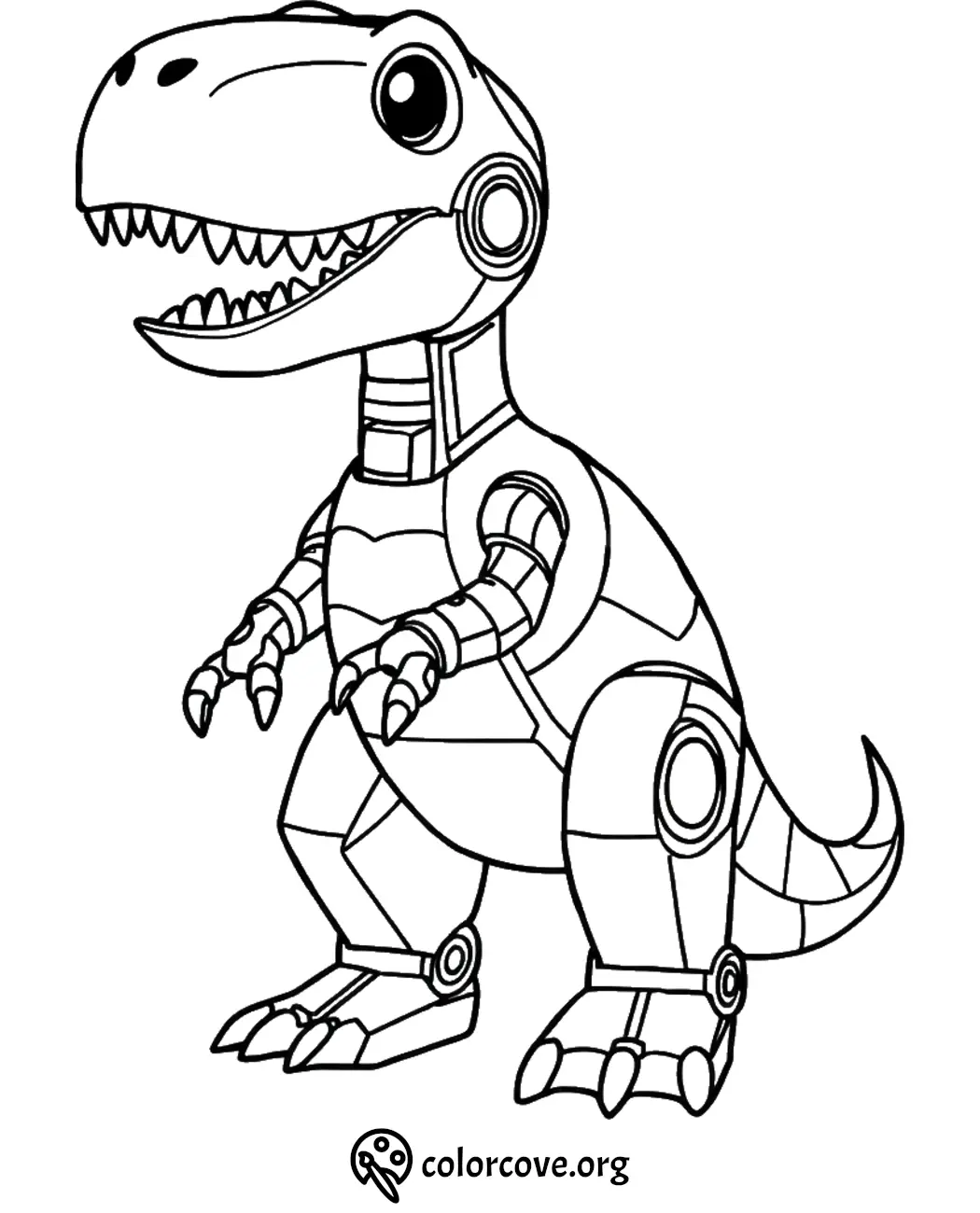 Robot dinosaur coloring page with mechanical features and friendly expression for kids.