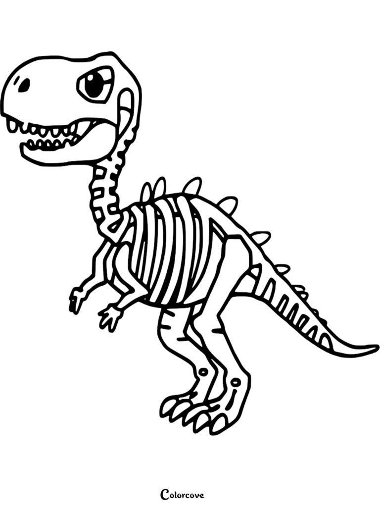 A cute cartoon T-rex fossil with large expressive eyes standing in a side profile view as a printable coloring page.