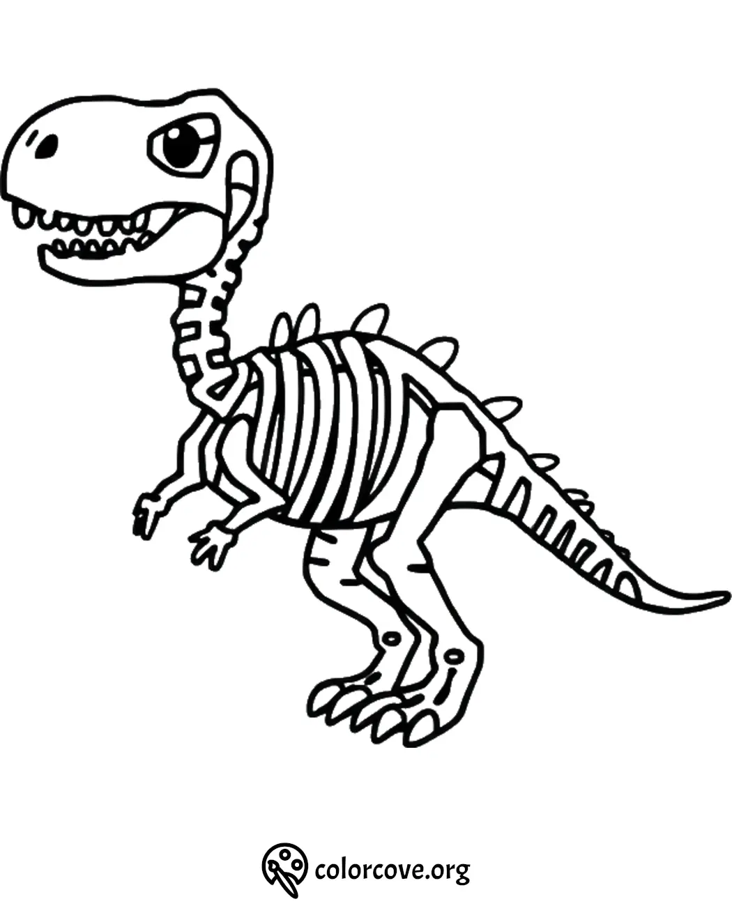 Dinosaur skeleton coloring page for kids, featuring a cute and detailed outline for creative coloring fun.