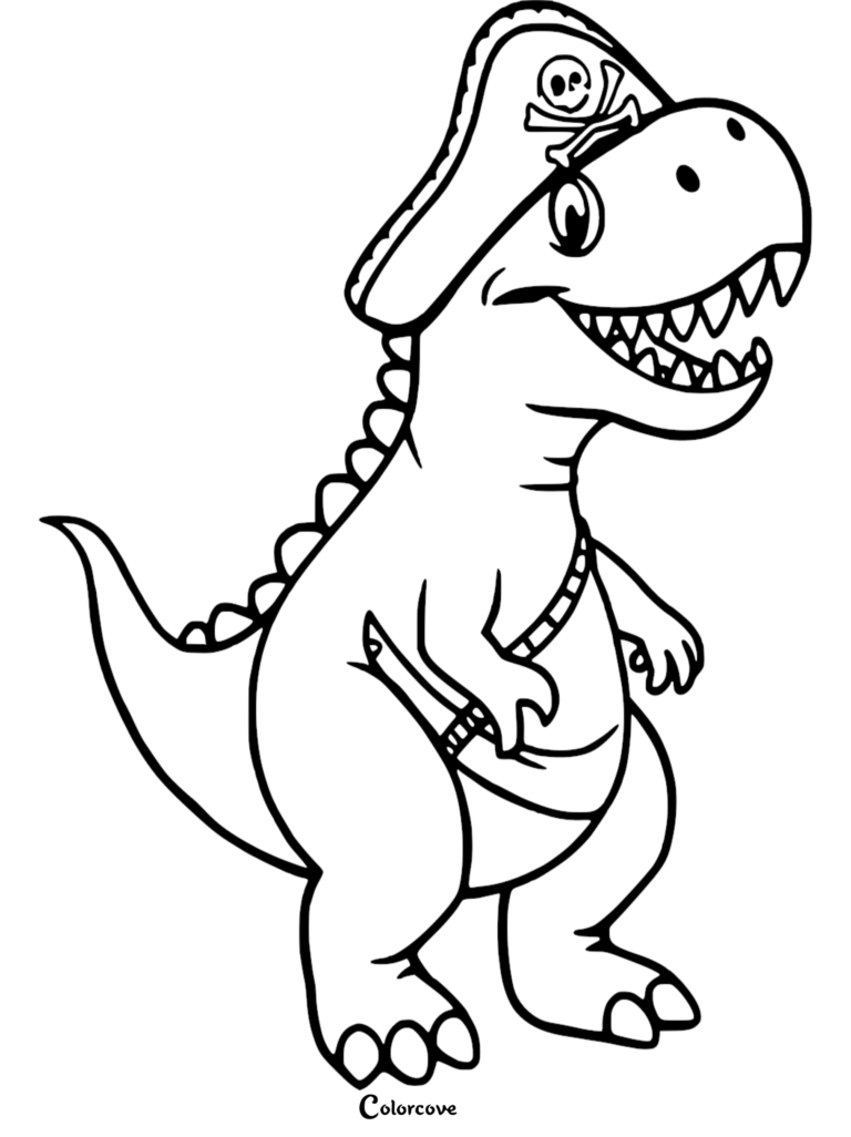 An awesome T-Rex wearing a skull and crossbones pirate hat coloring page with a shoulder sash.