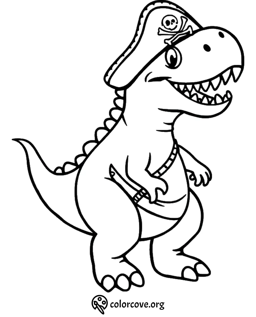 Pirate dinosaur coloring page for kids with a cute T-Rex wearing a pirate hat. Fun printable activity.