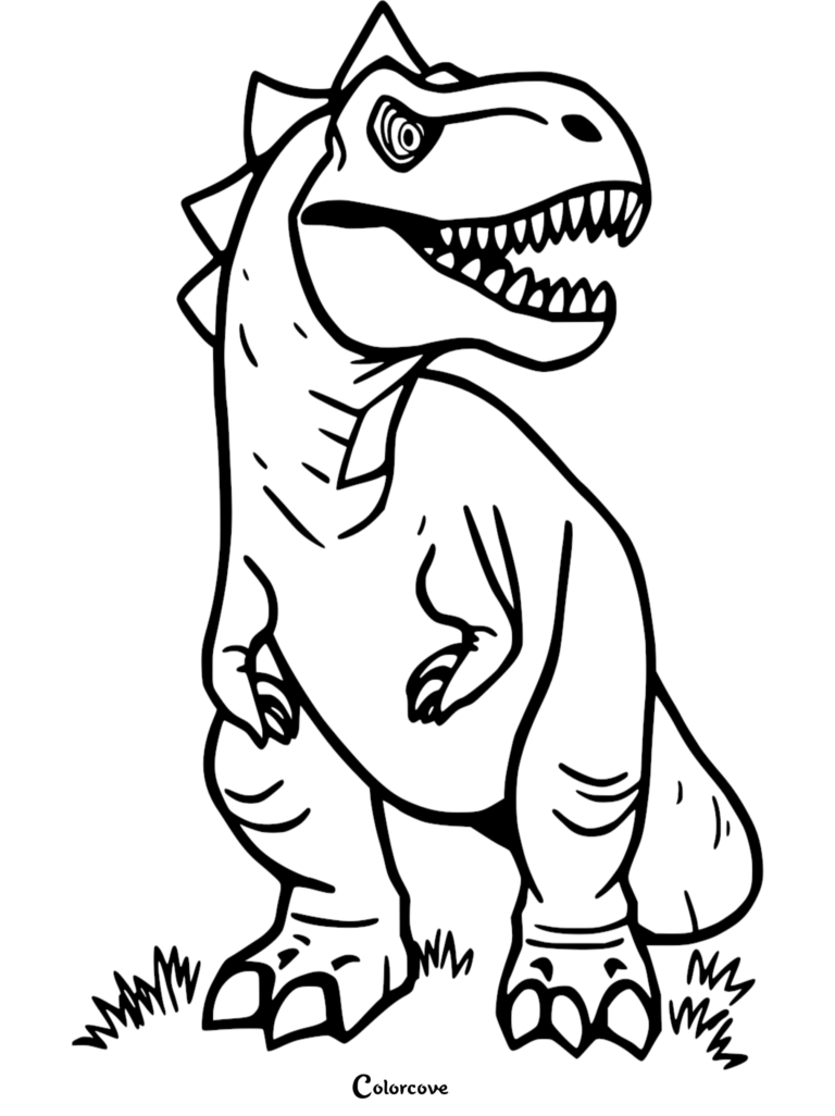 A fierce T-Rex standing on grassy ground with jagged dorsal plates and a toothy grin, featuring bold line art in this printable T-Rex coloring page.