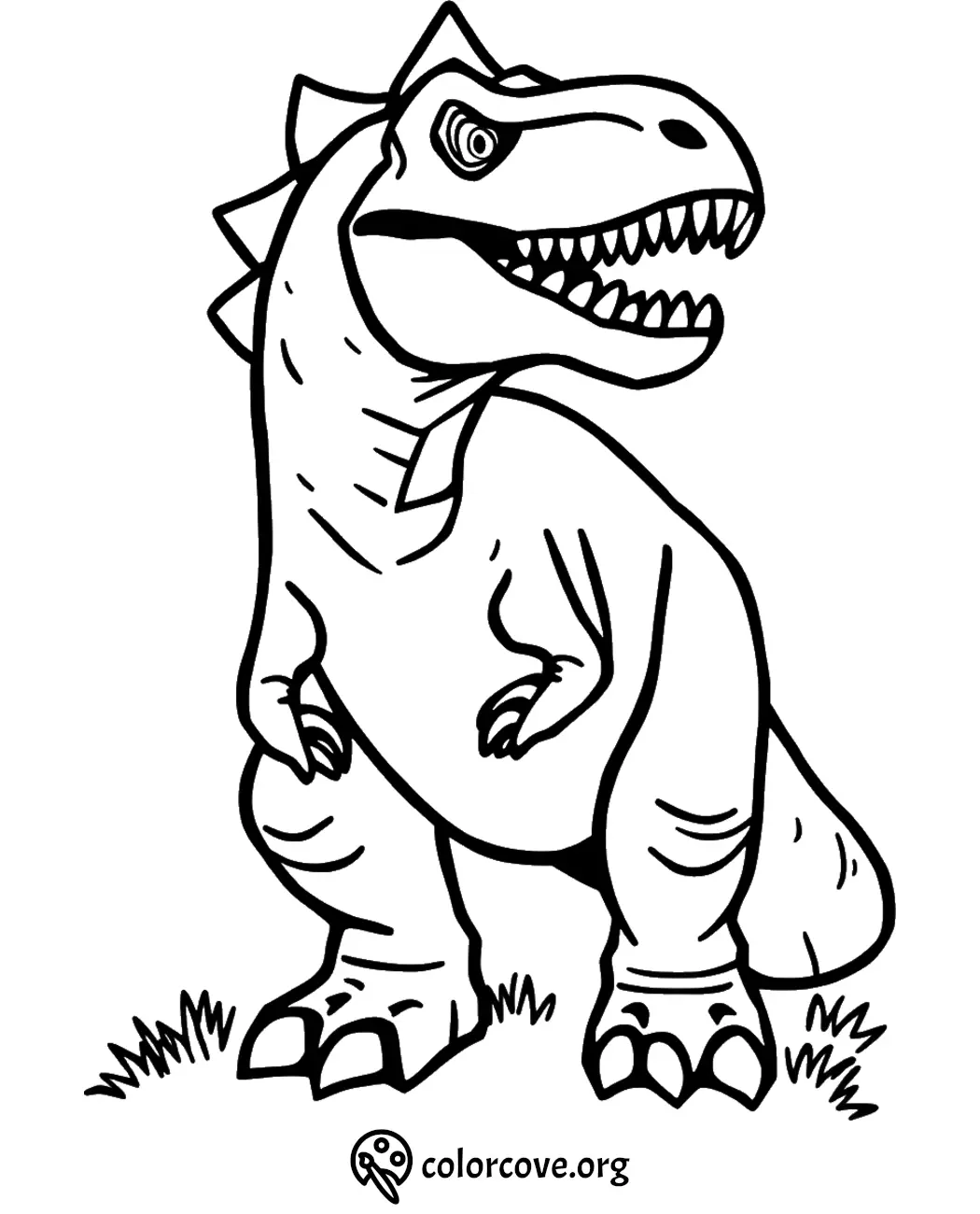 Dinosaur coloring page featuring a fierce T-rex with sharp teeth, perfect for kids and dinosaur enthusiasts.