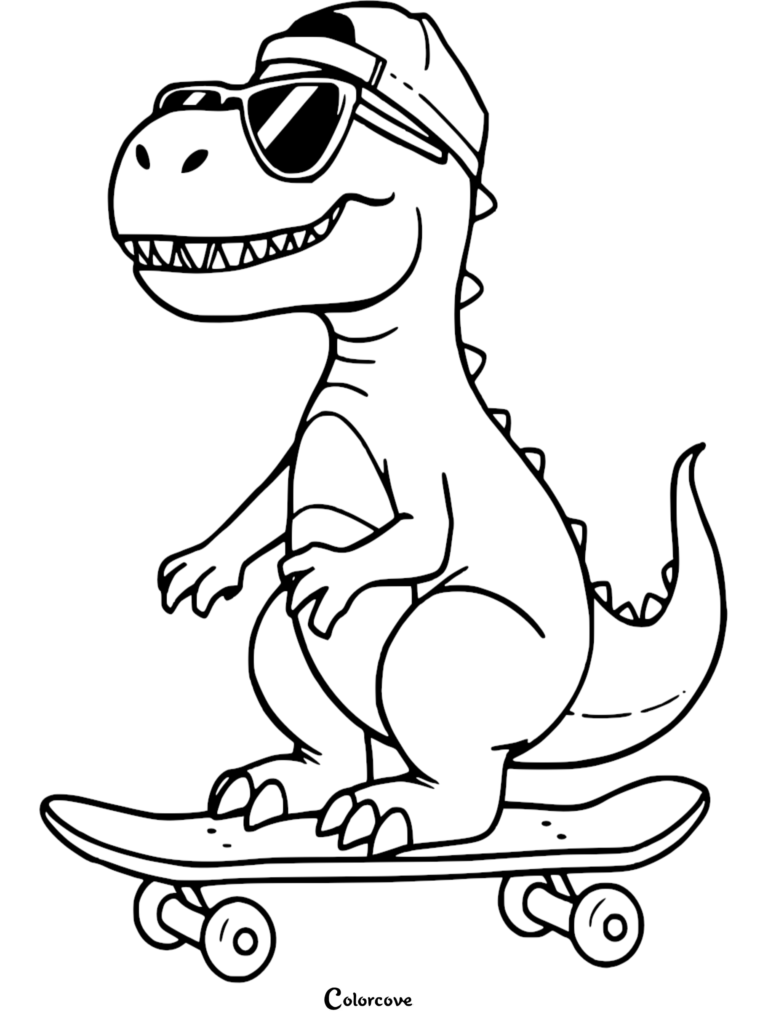 A T-rex wearing a backwards baseball cap and sunglasses standing on a skateboard in this detailed coloring page.