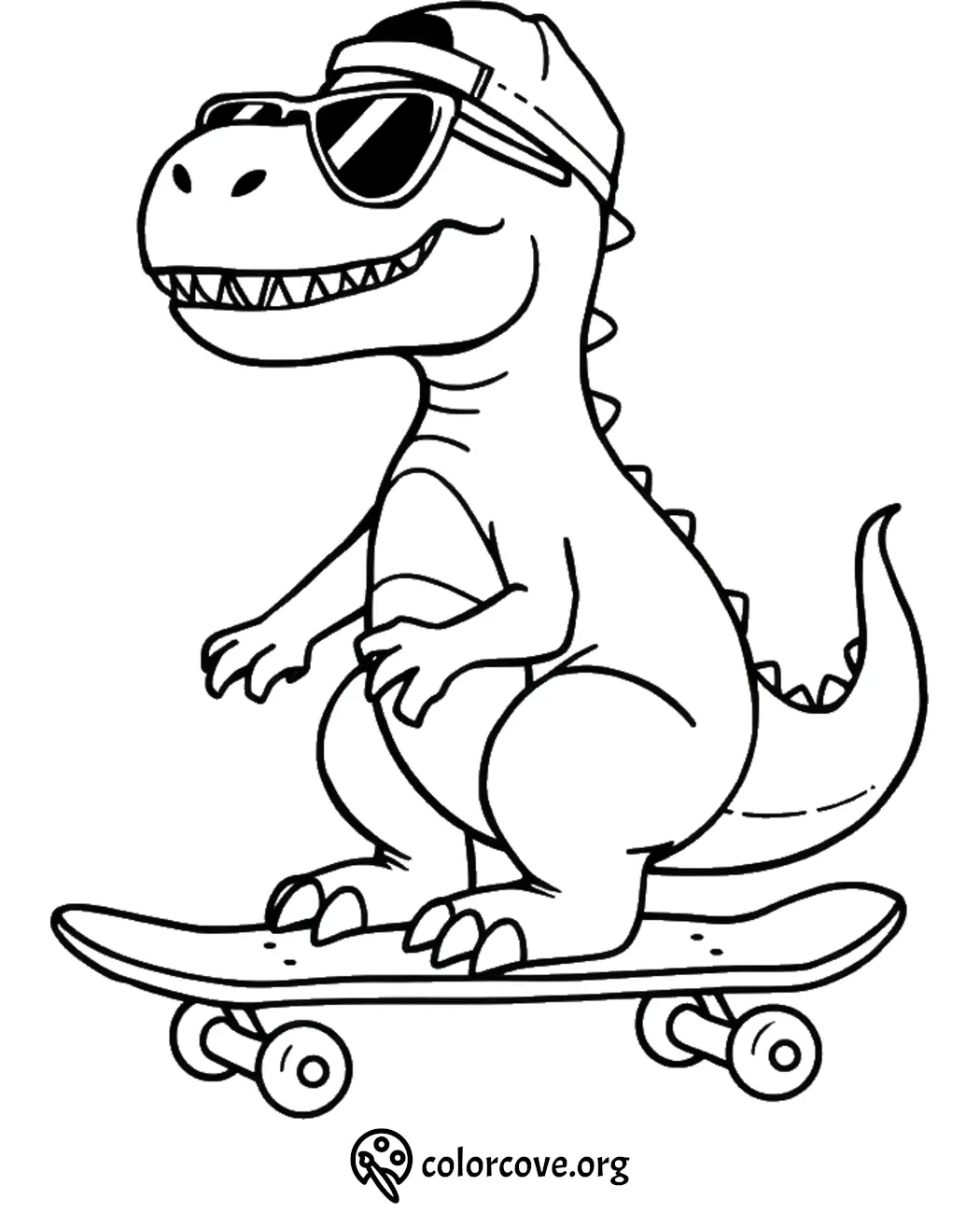 Cool dinosaur wearing sunglasses and a cap while skateboarding. Fun coloring page for kids.