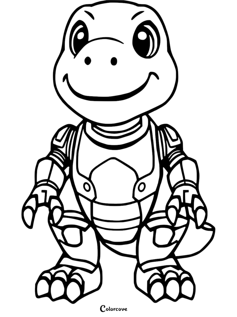 A cute chibi T-rex wearing futuristic robotic armor in this detailed black and white line art coloring page.