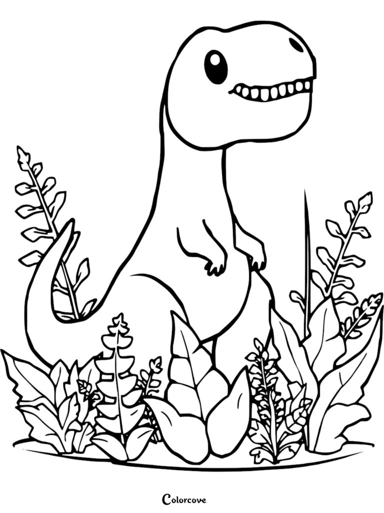 A cute cartoon T-Rex standing in a lush prehistoric jungle environment in this printable coloring page for kids.
