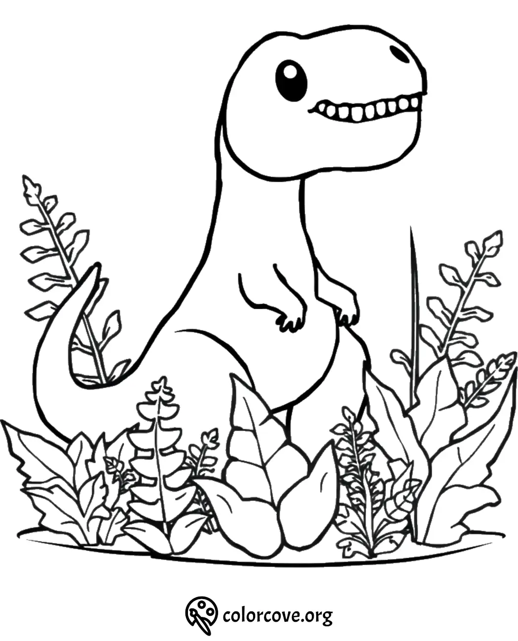 Cute dinosaur coloring page with plants, perfect for kids' fun and creativity.