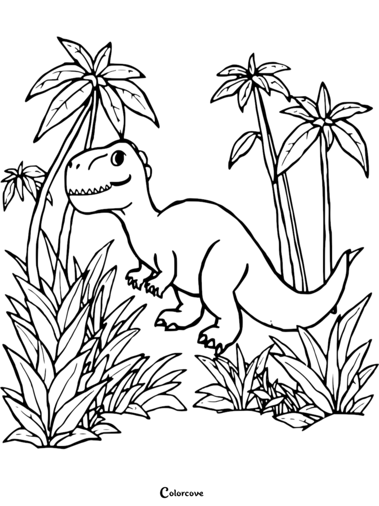 A friendly-looking T-rex standing in a prehistoric jungle, line art coloring page with palm trees and tall grass.