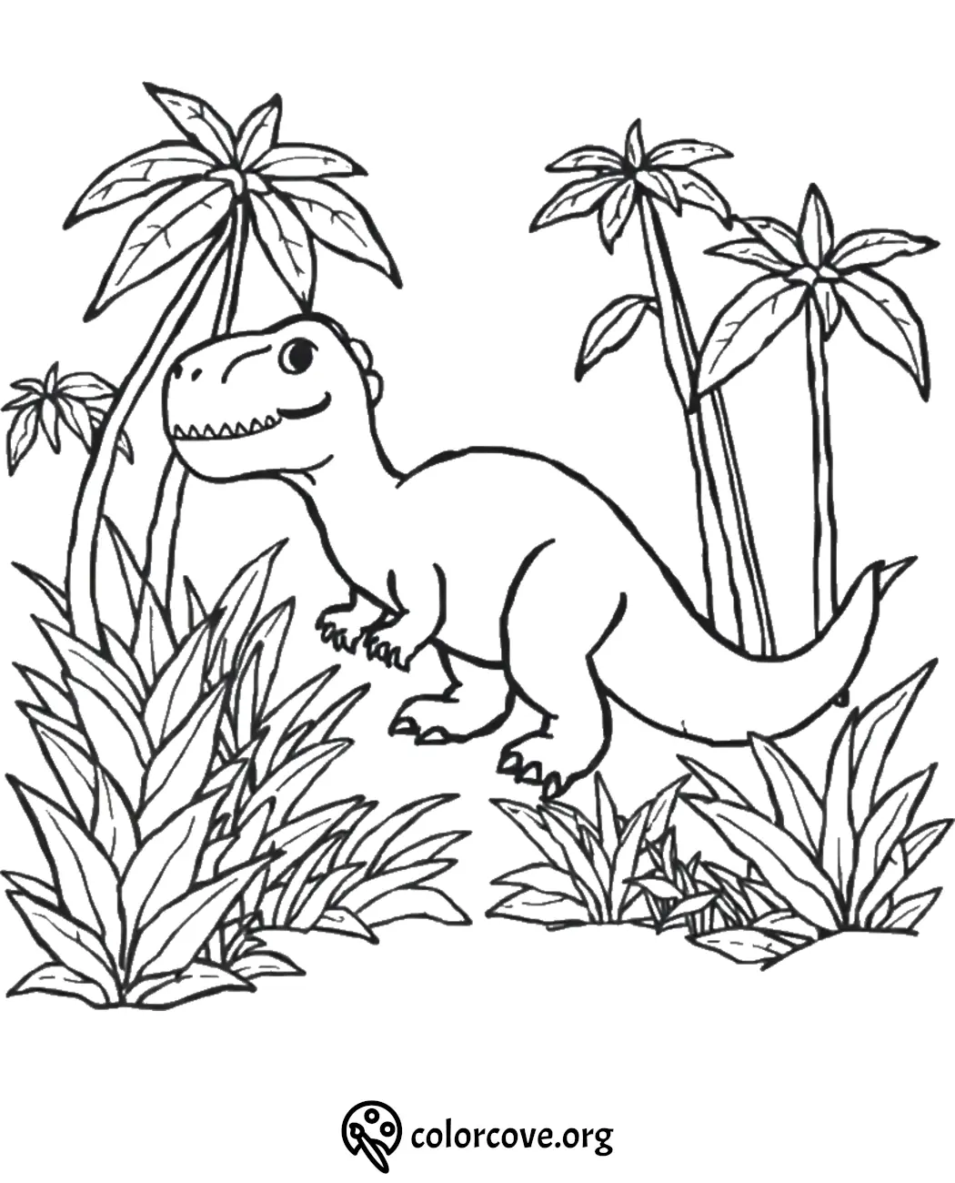 Dinosaur coloring page featuring a happy dinosaur with plants and trees in a prehistoric setting.