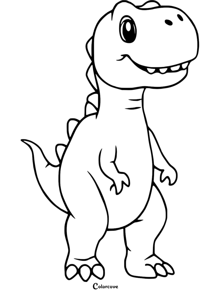 A friendly T-Rex with a round head and small arms standing in a simple pose on this printable coloring page.