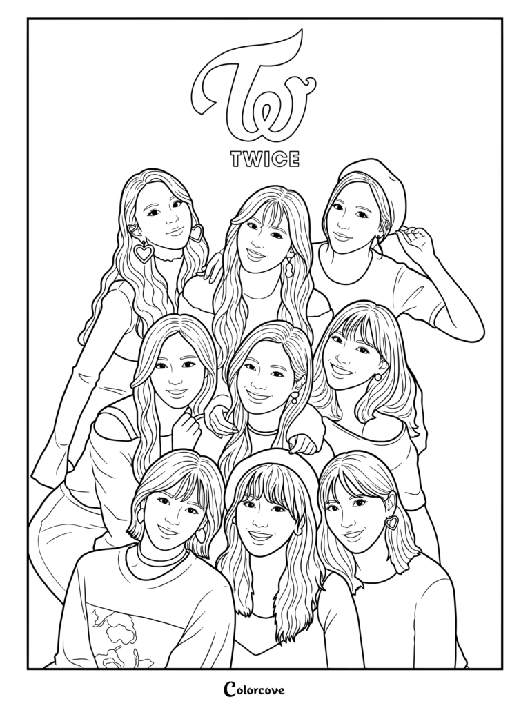 Une page de coloriage détaillée représentant les neuf membres de TWICE dans une pose de portrait de groupe sous le logo du groupe.