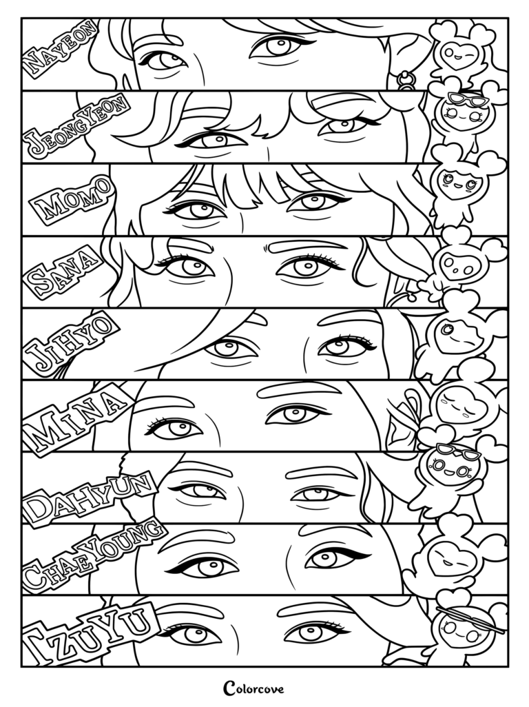 Une page de coloriage à imprimer présentant un collage des yeux et des noms des membres du girl group de K-pop TWICE.