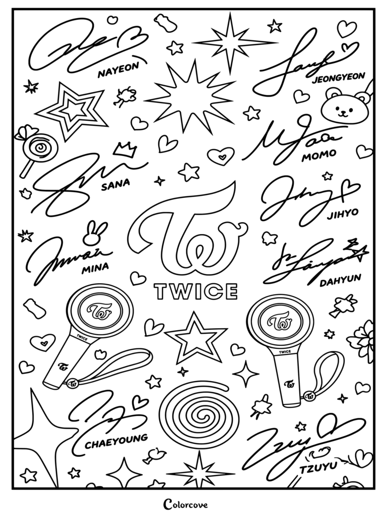 Page de coloriage de TWICE présentant un design rose et blanc avec le logo du groupe, des lightsticks Candy-bong, les signatures des membres et des accents d'étoiles.