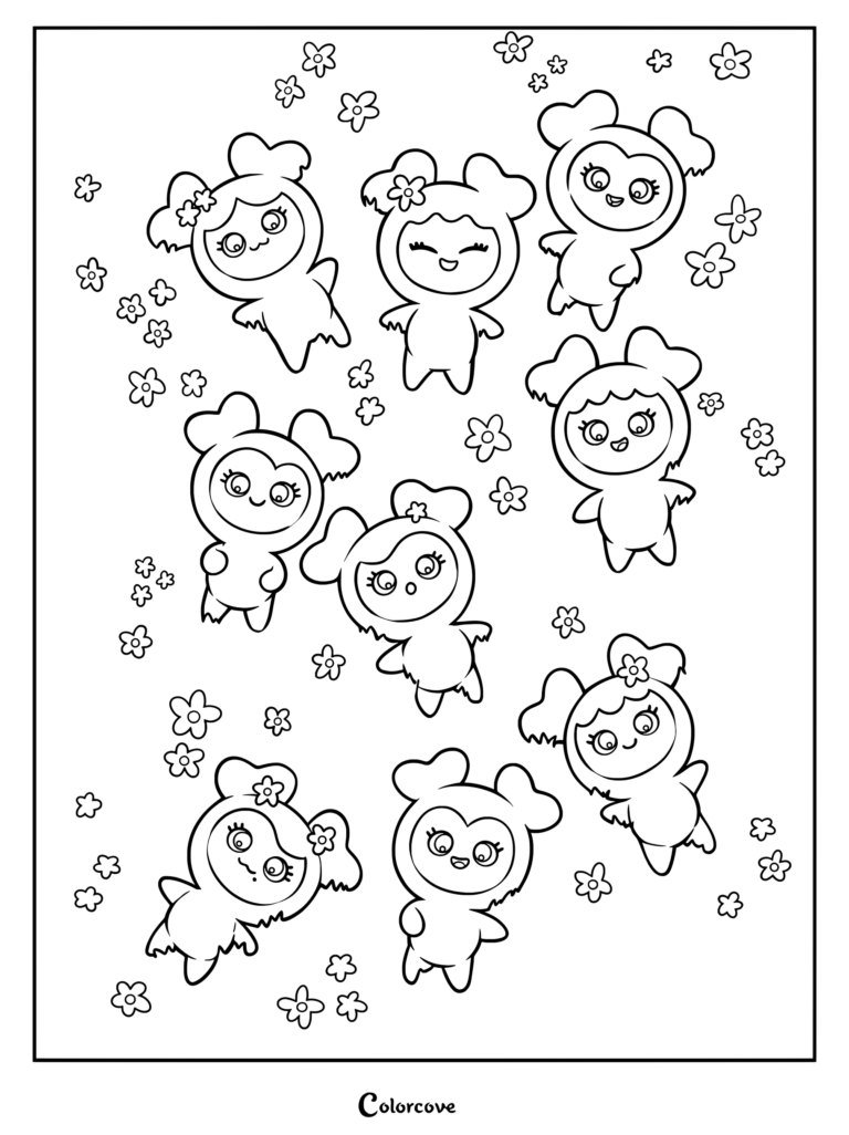 Page de coloriage gratuite des Lovelys de TWICE présentant des sprites de personnages de dessins animés mignons officiels.