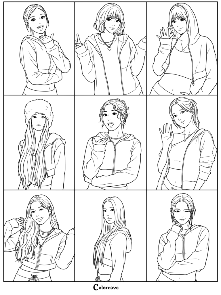 Une page de coloriage à imprimer représentant les membres du groupe de K-pop TWICE dans des tenues à motifs roses de l'ère Strategy, posant dans une grille de neuf panneaux.