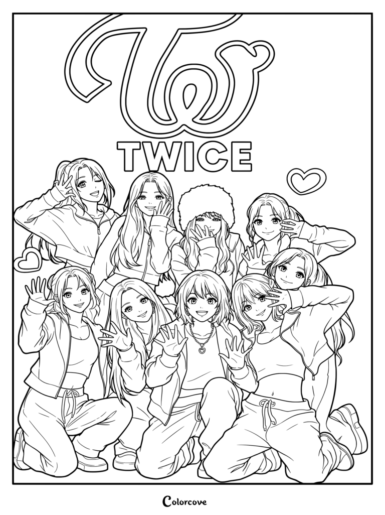 Une page de coloriage à imprimer représentant le groupe de filles sud-coréen TWICE pendant l'ère Strategy.