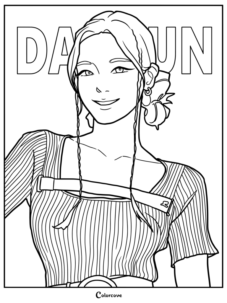 Page de coloriage en fan art numérique représentant Dahyun du groupe de K-pop TWICE avec des cheveux tressés et un haut rayé.