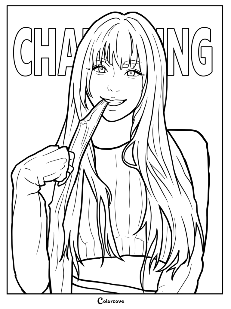 Page de coloriage en fan art numérique de Chaeyoung du groupe de K-pop TWICE mâchonnant une mèche de ses longs cheveux avec une frange.