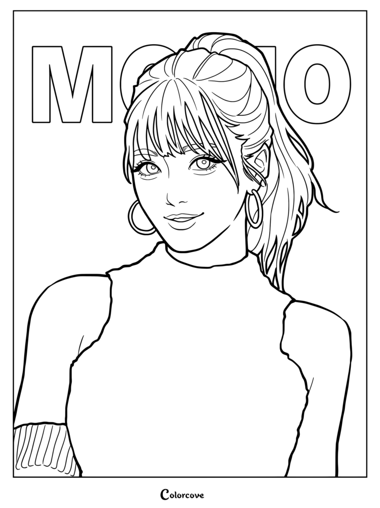 Page de coloriage à imprimer de Momo Hirai du groupe de K-pop TWICE la représentant avec des cheveux sombres en queue de cheval, une frange et des boucles d'oreilles créoles sur fond du nom MOMO
