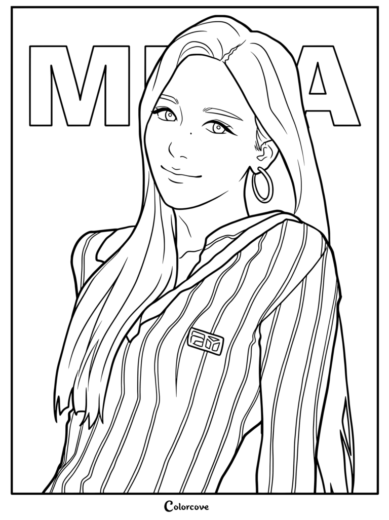 Page de coloriage d'illustration de fanart numérique de Mina du groupe de K-pop TWICE portant un haut rayé.