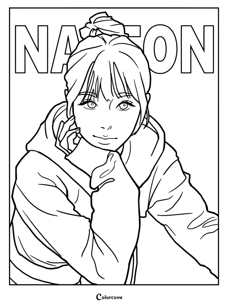 Page de coloriage en fan art numérique de Nayeon du groupe de K-pop populaire TWICE portant un sweat à capuche avec les cheveux attachés.