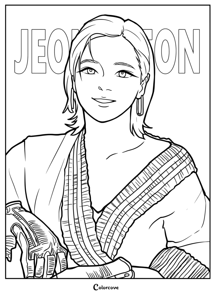 Jeongyeon de TWICE dans une page de coloriage de portrait détaillé avec des vêtements à motifs et des gants.