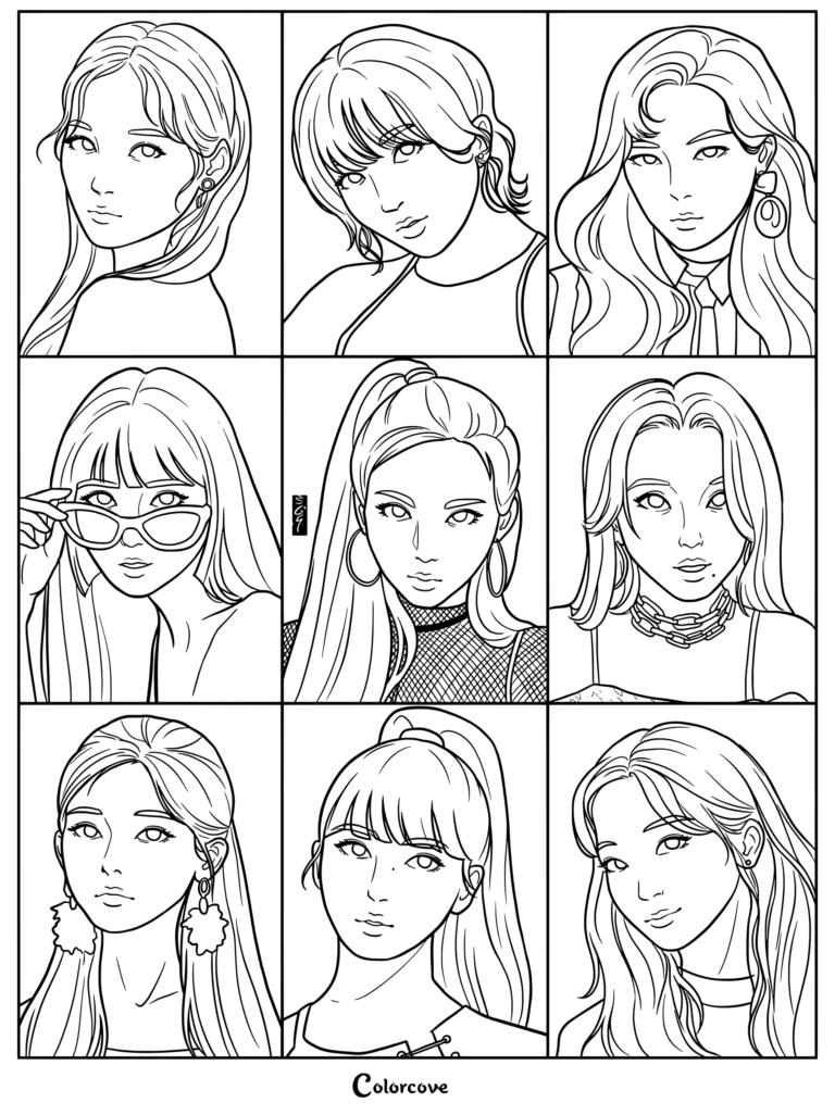 Une page de coloriage présentant une grille de fan art stylisée du girl group de K-pop TWICE pendant leur Ère Fancy.