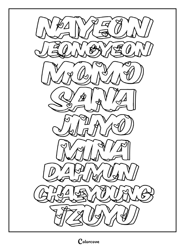 Une page de coloriage montrant les noms des neuf membres du girl group de K-pop TWICE dans un lettrage de style rétro.