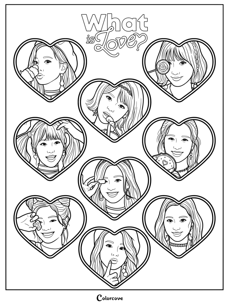 Une page de coloriage de fan art du girl group de K-pop TWICE représentant toutes les membres inspirées par What is Love à l'intérieur de cadres en forme de cœur.