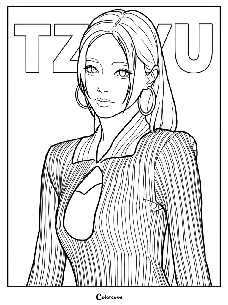 Page de coloriage de Tzuyu mettant en vedette la star de TWICE dans un haut élégant à col côtelé avec un détail de découpe sur le devant.