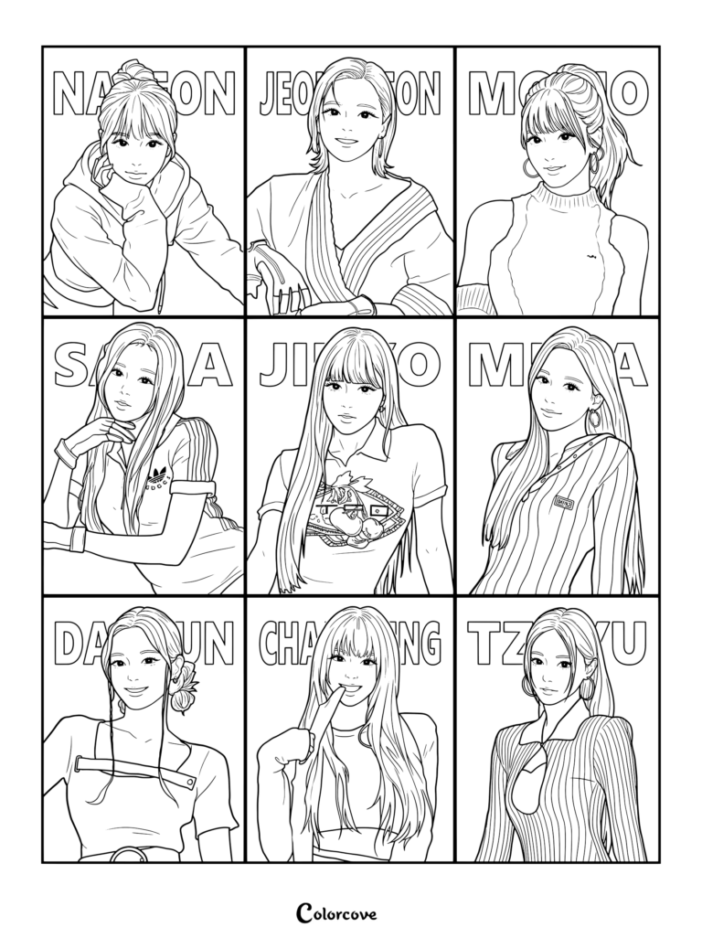 Coloriage imprimmable de TWICE présentant un collage de fan art des neuf membres Nayeon, Jeongyeon, Momo, Sana, Jihyo, Mina, Dahyun, Chaeyoung et Tzuyu.