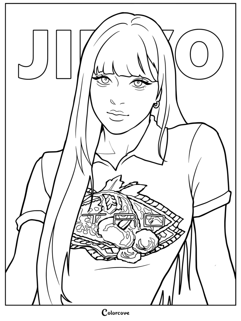 Page de coloriage de Jihyo en fan art numérique de Jihyo du groupe de K-pop TWICE, la représentant avec de longs cheveux sombres, une frange et un haut blanc à col.