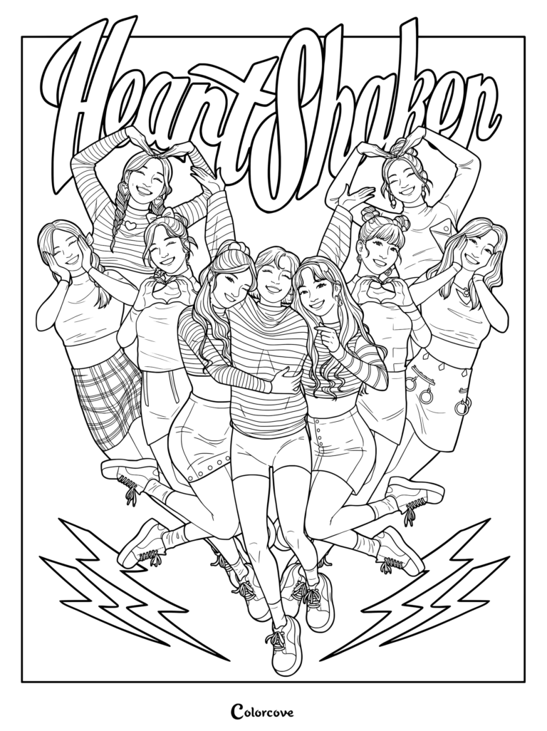 Page de coloriage de fan art inspirée par le groupe de K-pop TWICE et leur chanson Heart Shaker.