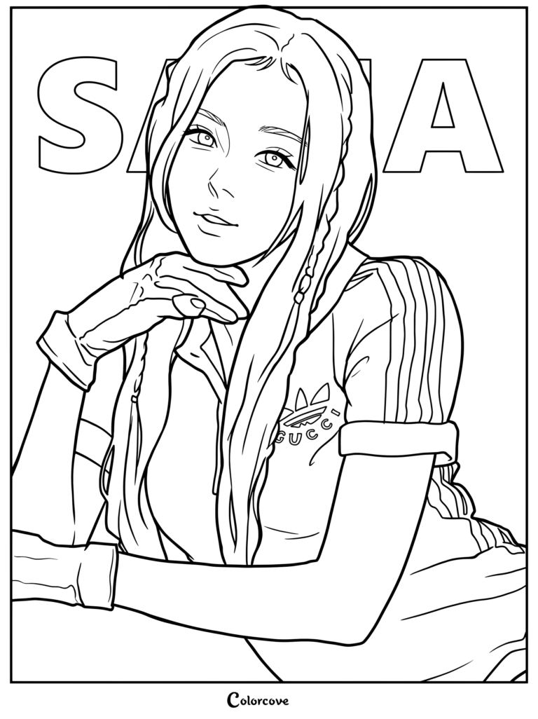 Page de coloriage en fan art de Sana représentant la membre du groupe de K-pop TWICE portant un haut athlétique avec des rayures blanches et des gants.