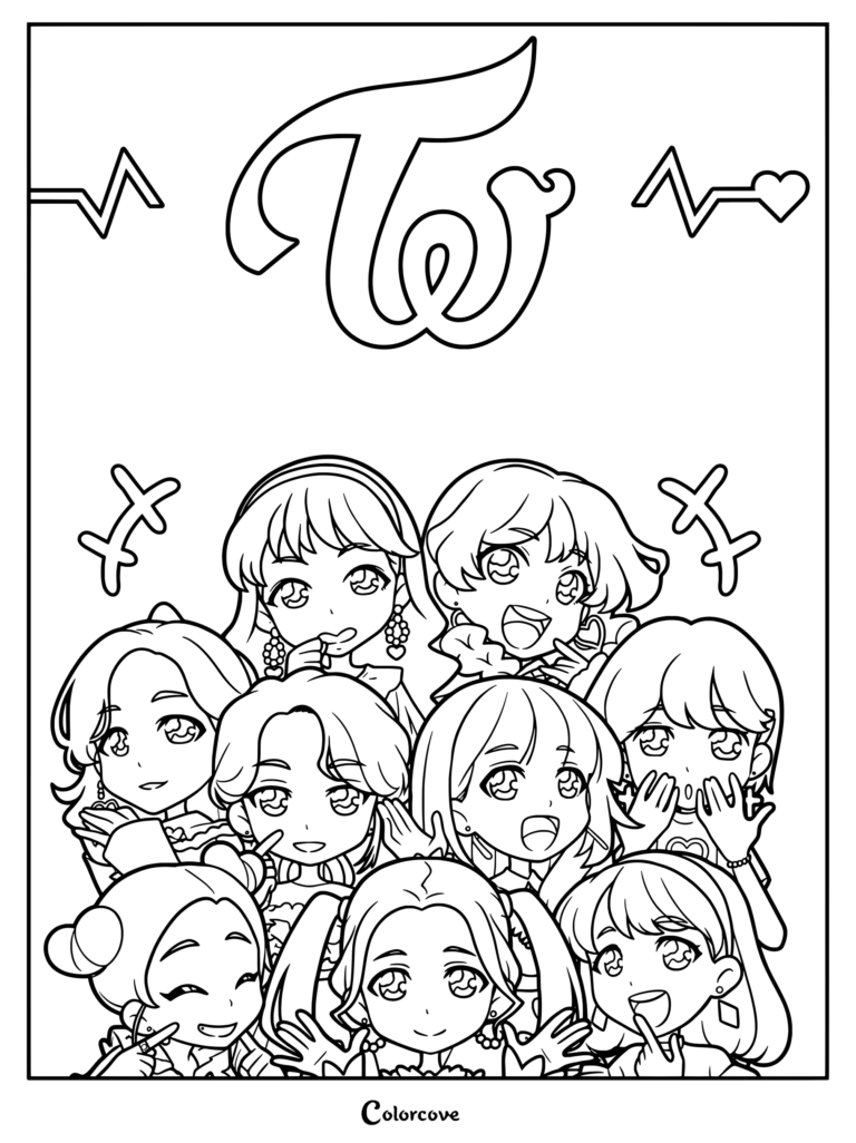 Une œuvre d'art chibi mignonne et animée du girl group de K-pop TWICE inspirée par leur single japonais Candy Pop, page de coloriage