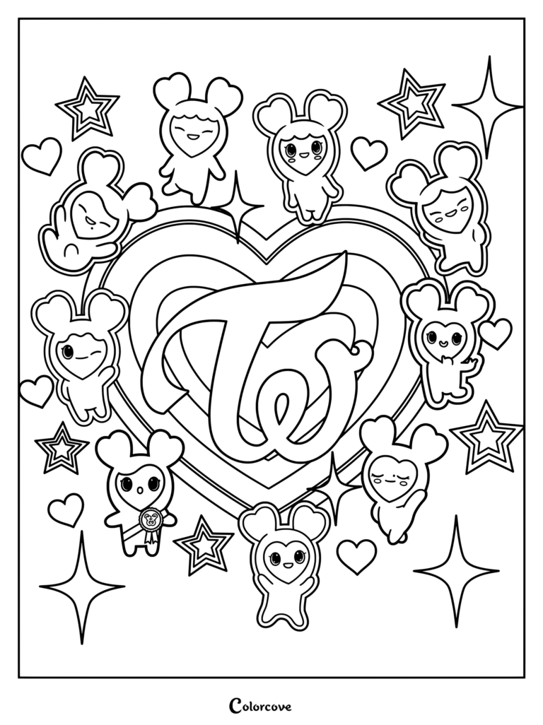 Page de coloriage à imprimer présentant les Lovelys officiels de TWICE, qui sont de mignons personnages animés représentant chaque membre du groupe de K-pop TWICE, entourés de cœurs et d'étoiles.
