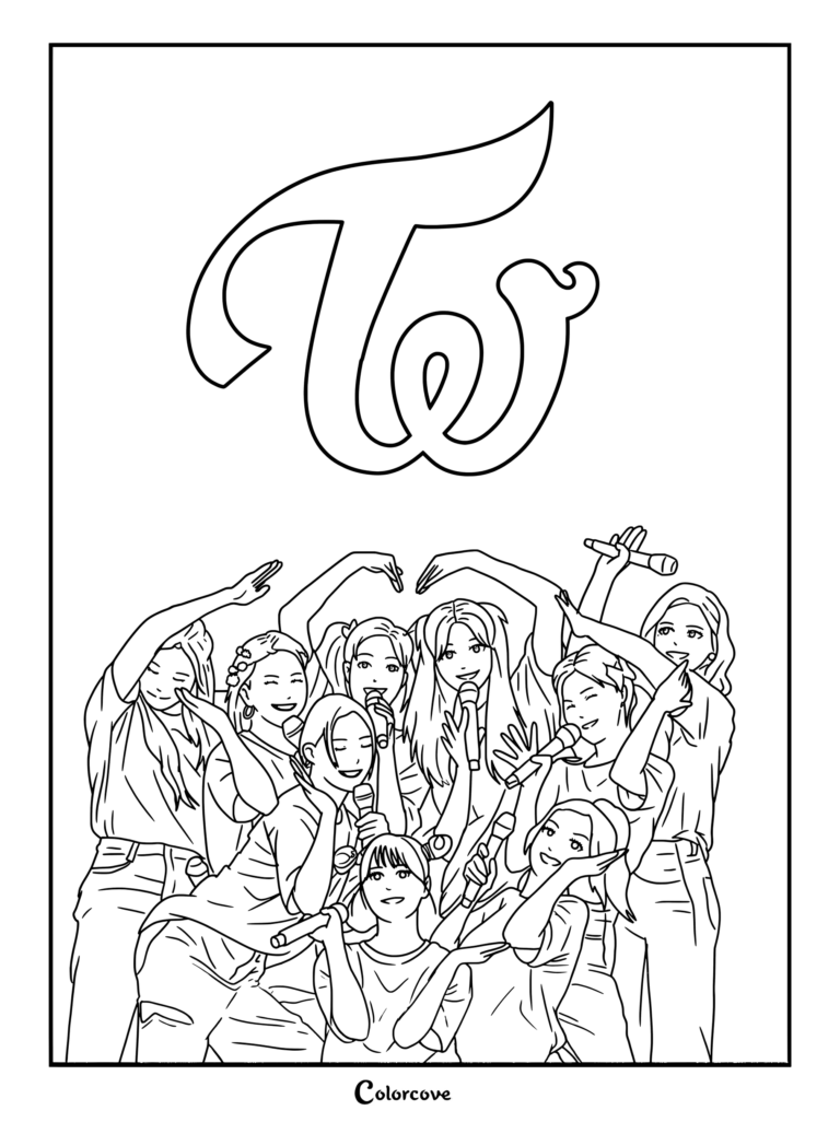 Page de coloriage d'illustration de fan art de dessin animé du girl group de K-pop à neuf membres TWICE posant ensemble sous leur logo signature.