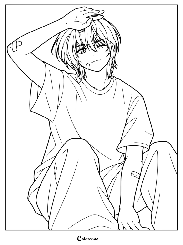 Beomgyu de TXT con vendas en el rostro y los brazos secándose la frente, en un detallado dibujo para colorear.