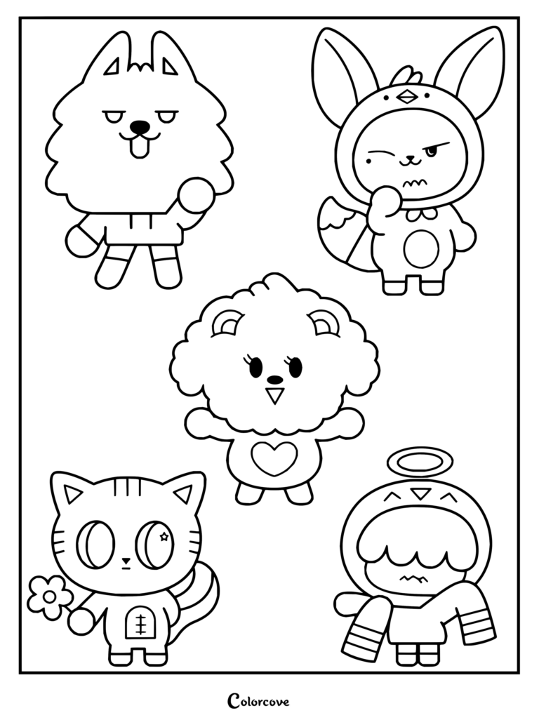 Dibujo para colorear imprimible de TXT con Choi San-hee y sus amigos, con adorables personajes de dibujos animados en varios disfraces y poses.