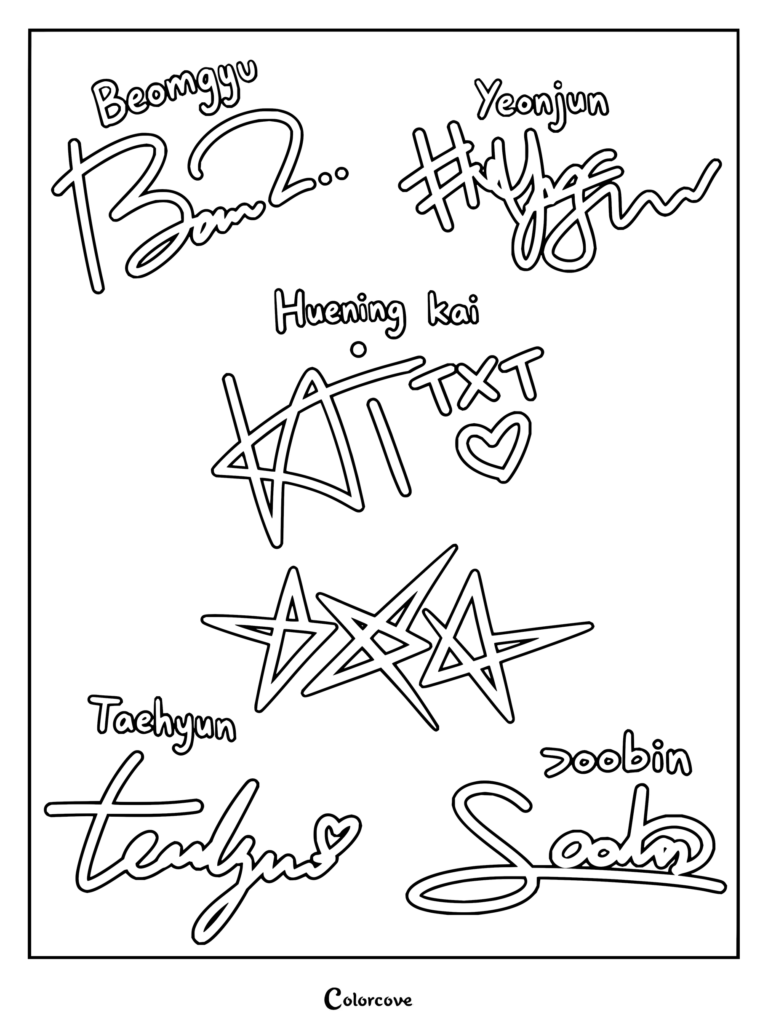 Dibujo para colorear de TXT con las firmas de Beomgyu, Yeonjun, Huening Kai, Taehyun y Soobin acompañadas de diseños de estrellas.
