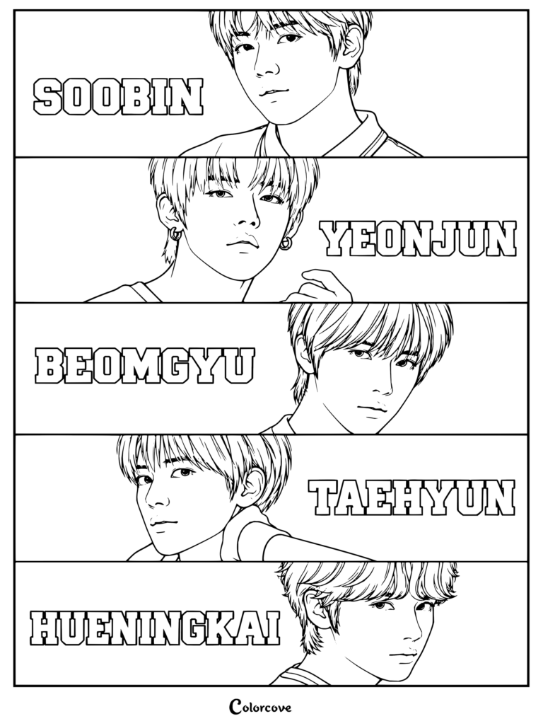 Dibujo para colorear gratis e imprimible de TXT con retratos lineales en blanco y negro de Soobin, Yeonjun, Beomgyu, Taehyun y Hueningkai junto a sus nombres.