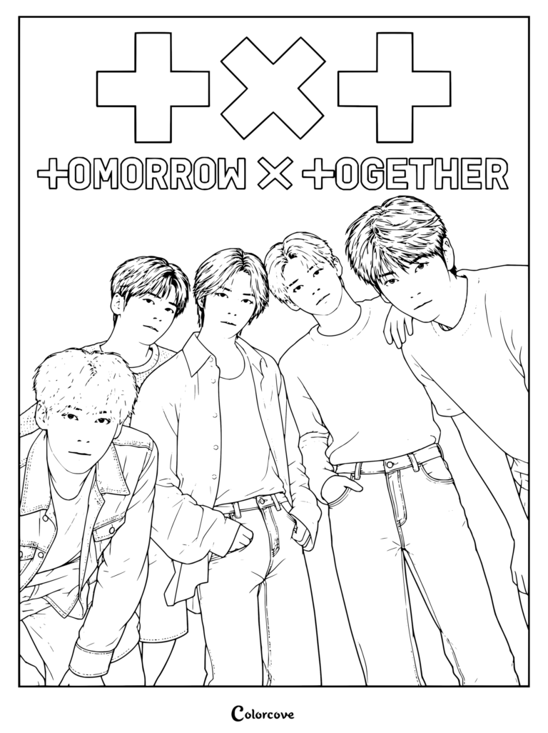 Dibujo para colorear de TXT con el contorno en blanco y negro de los cinco integrantes de K-pop posando bajo el logo de su grupo.
