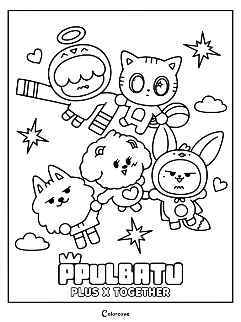 Los personajes de PPULBATU volando juntos en un divertido dibujo para colorear de TXT.