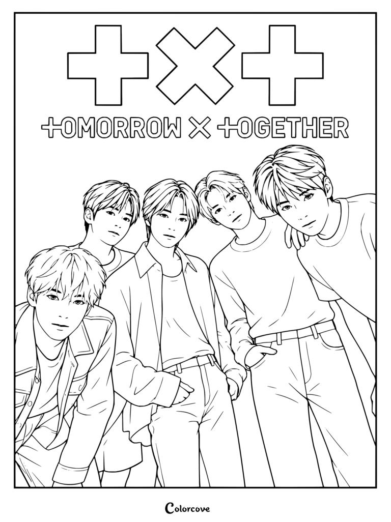 Dibujo para colorear de TXT con los miembros posando juntos junto al logo del grupo.