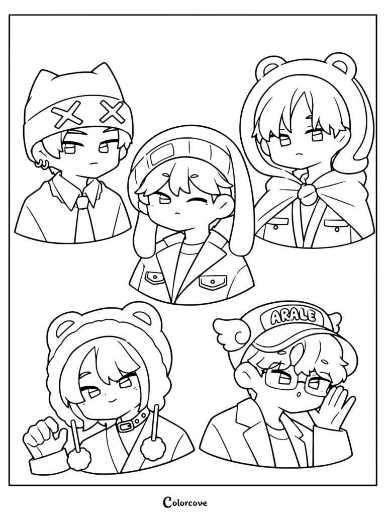 Dibujo para colorear de TXT con cinco personajes chibi luciendo divertidos sombreros, gorros y capuchas de animales con expresiones juguetonas.