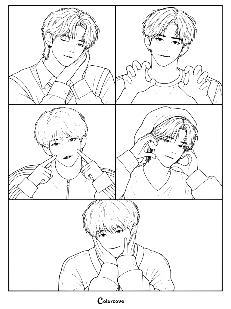 Dibujo para colorear imprimible de TXT con cinco paneles de los miembros posando con expresiones adorables, corazones con las manos y patitas.